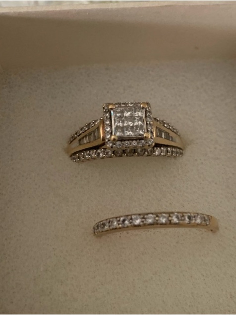 Gold Tone Diamond Halo Bridal Ring Set with Pavé Accents - Yellow Gold